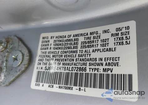 2010 Honda Cr-V Ex-L from USA, damaged, VIN 5J6RE4H78AL072866